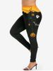 Legging D'Halloween à Imprimé Chauve-souris Citrouille Fantôme à Taille Haute - Orange 