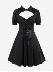 Gothic Cutout Lace Up Ruched Shirted Collar A Line Dress -  