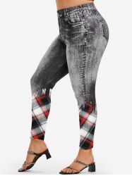 Plus Size High Waist 3D Denim Print Plaid Skinny Jeggings -  