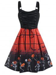 Halloween Skeleton Pumpkin Plaid Print Colorblock Lace Up A Line Mini Gothic Dress -  