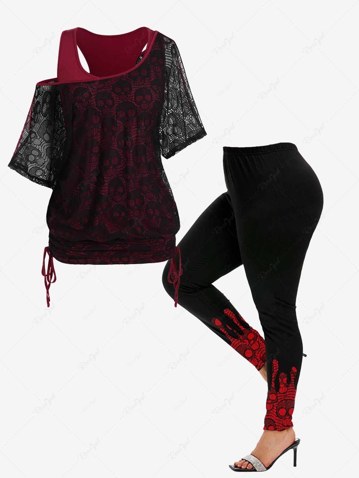 Sale Gothic Skew Neck Skull Lace Cinched Faux Tee and Gothic Skull Lace Print Skinny Leggings Outfit  