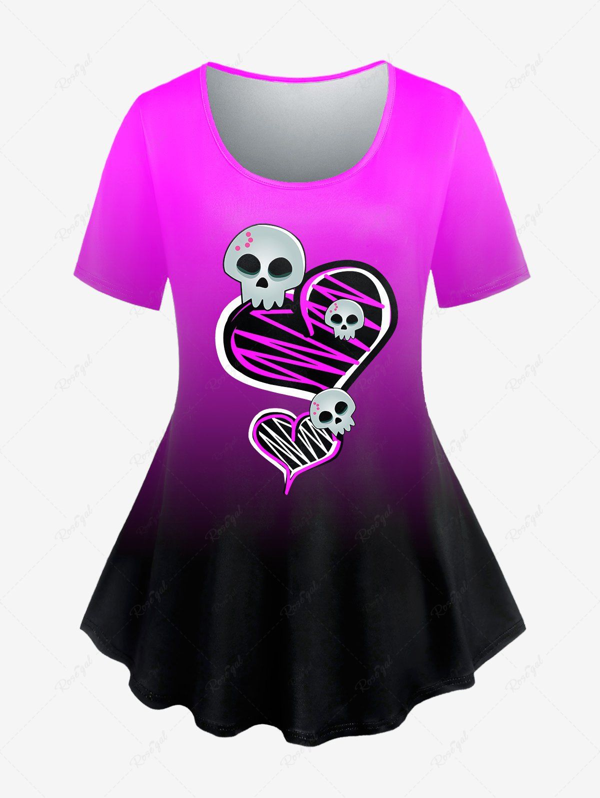 Latest Gothic Ombre Color Skull Heart Print Tee  