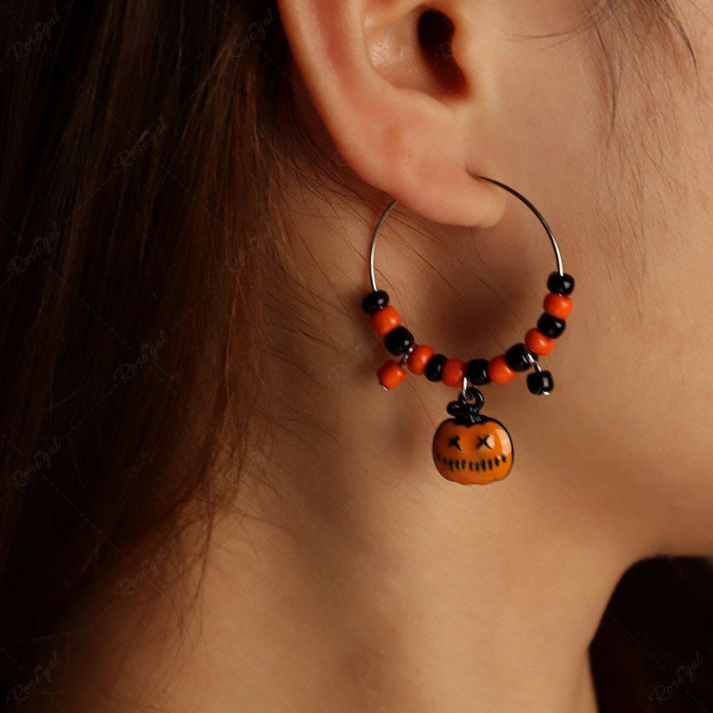 Online Halloween Pumpkin Beaded Hoop Drop Earrings  