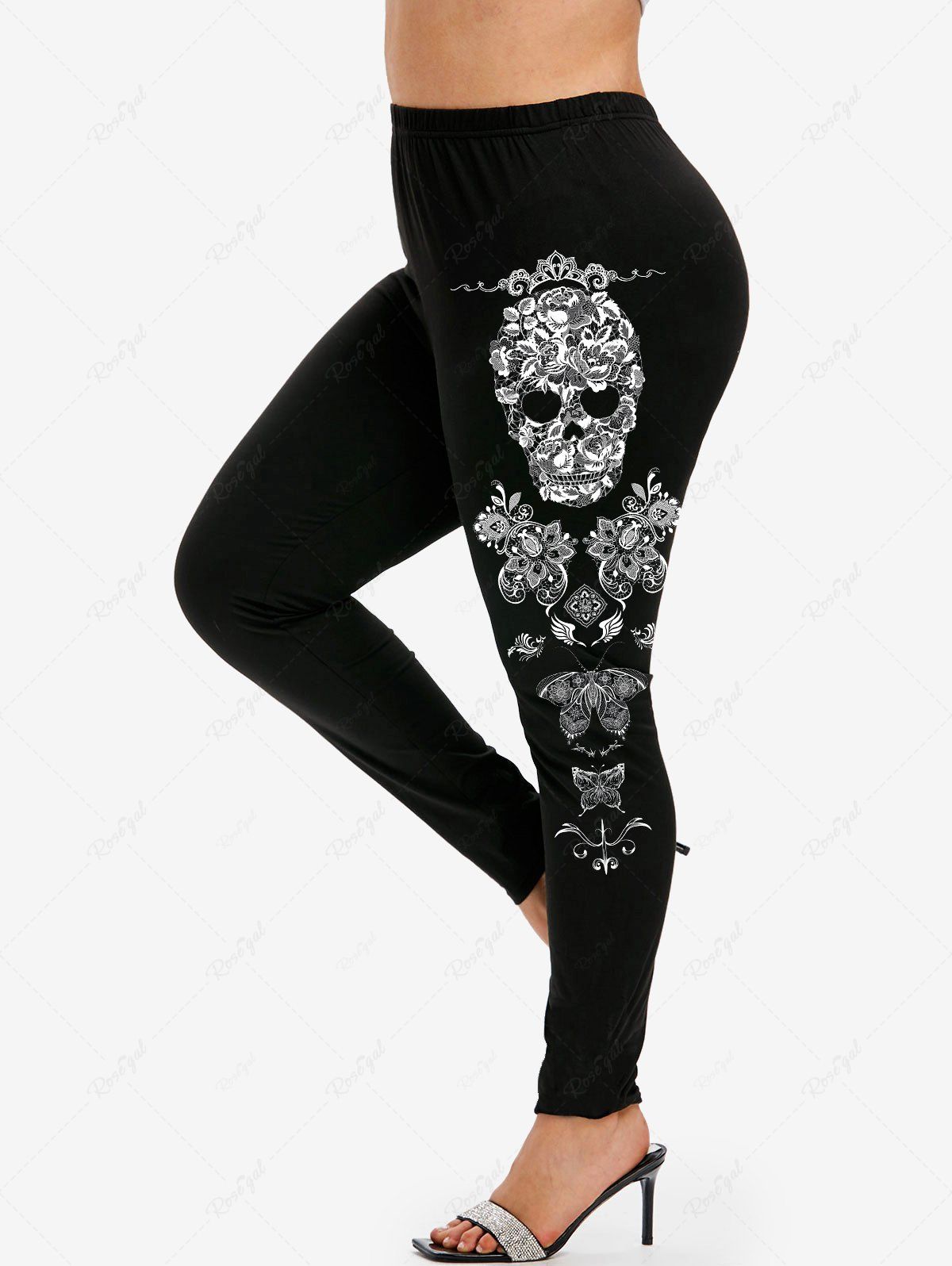 Legging Gothique à Imprimé Crâne à Taille Haute Noir 4x | US 26-28
