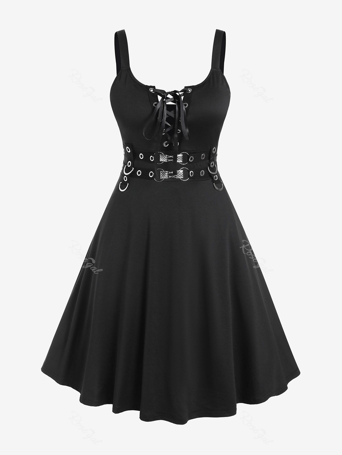 Unique Gothic Lace Up Grommets Fit and Flare Dress  