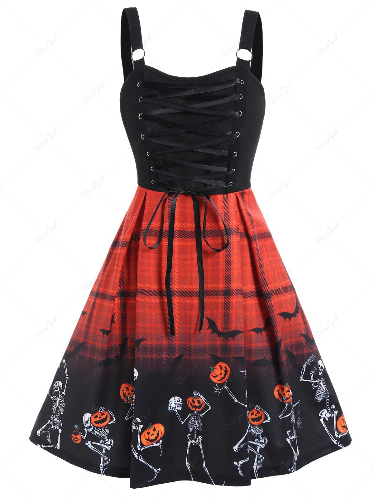 Fashion Halloween Skeleton Pumpkin Plaid Print Colorblock Lace Up A Line Mini Gothic Dress  