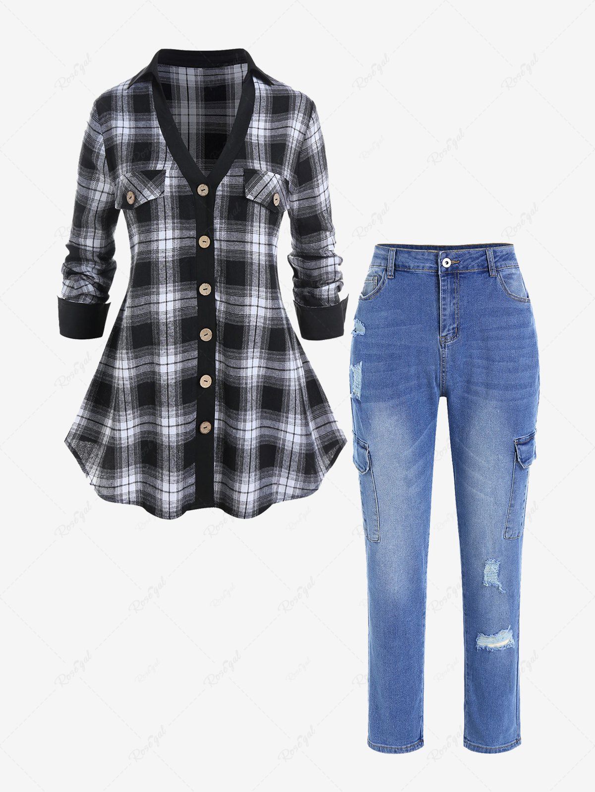 Discount Plus Size Plaid Tunic Shirt and High Rise Ripped Jeans Outfit  