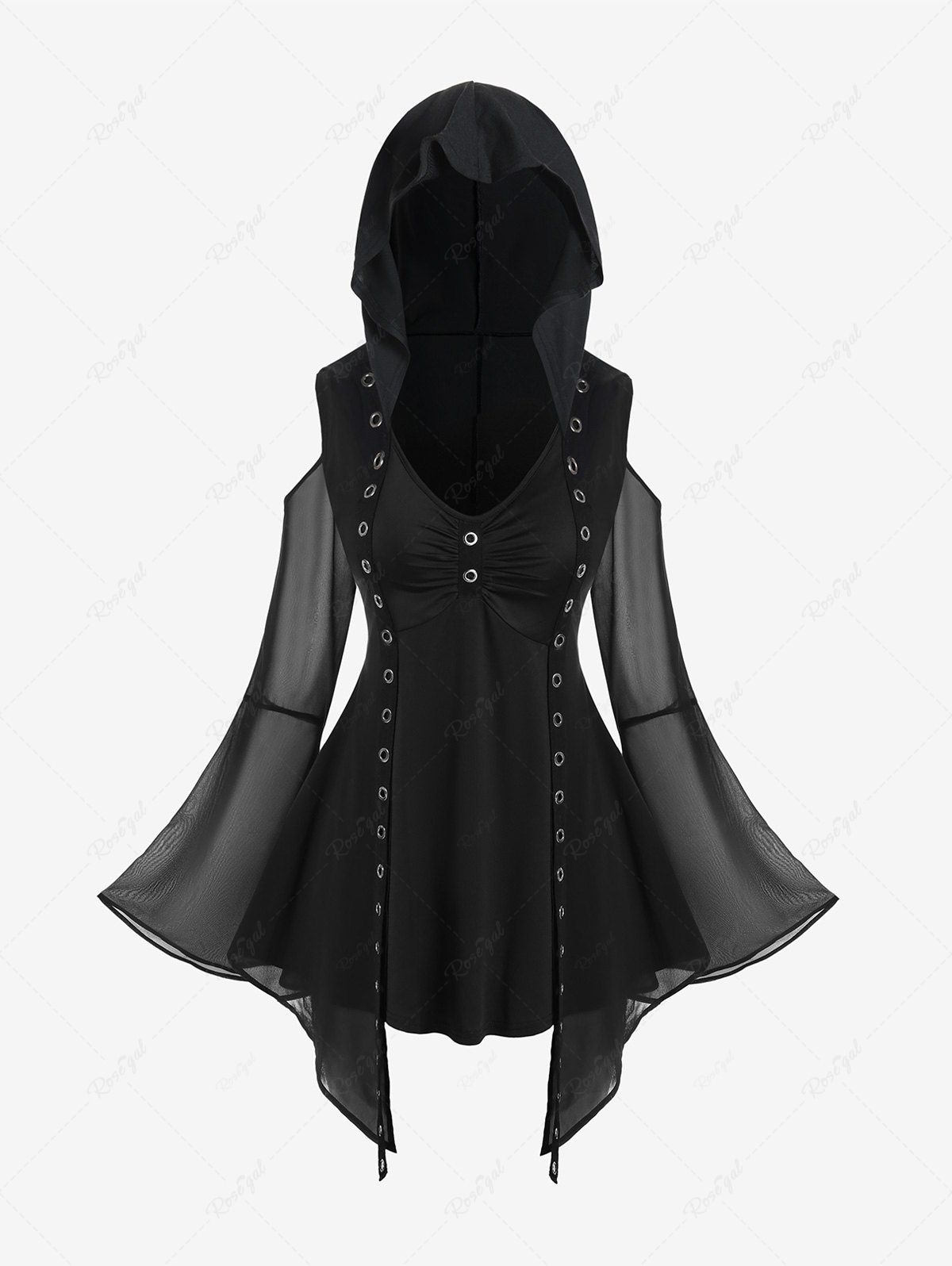 Outfit Halloween Costume Hooded Cold Shoulder Mesh Bell Sleeve Grommets Top  