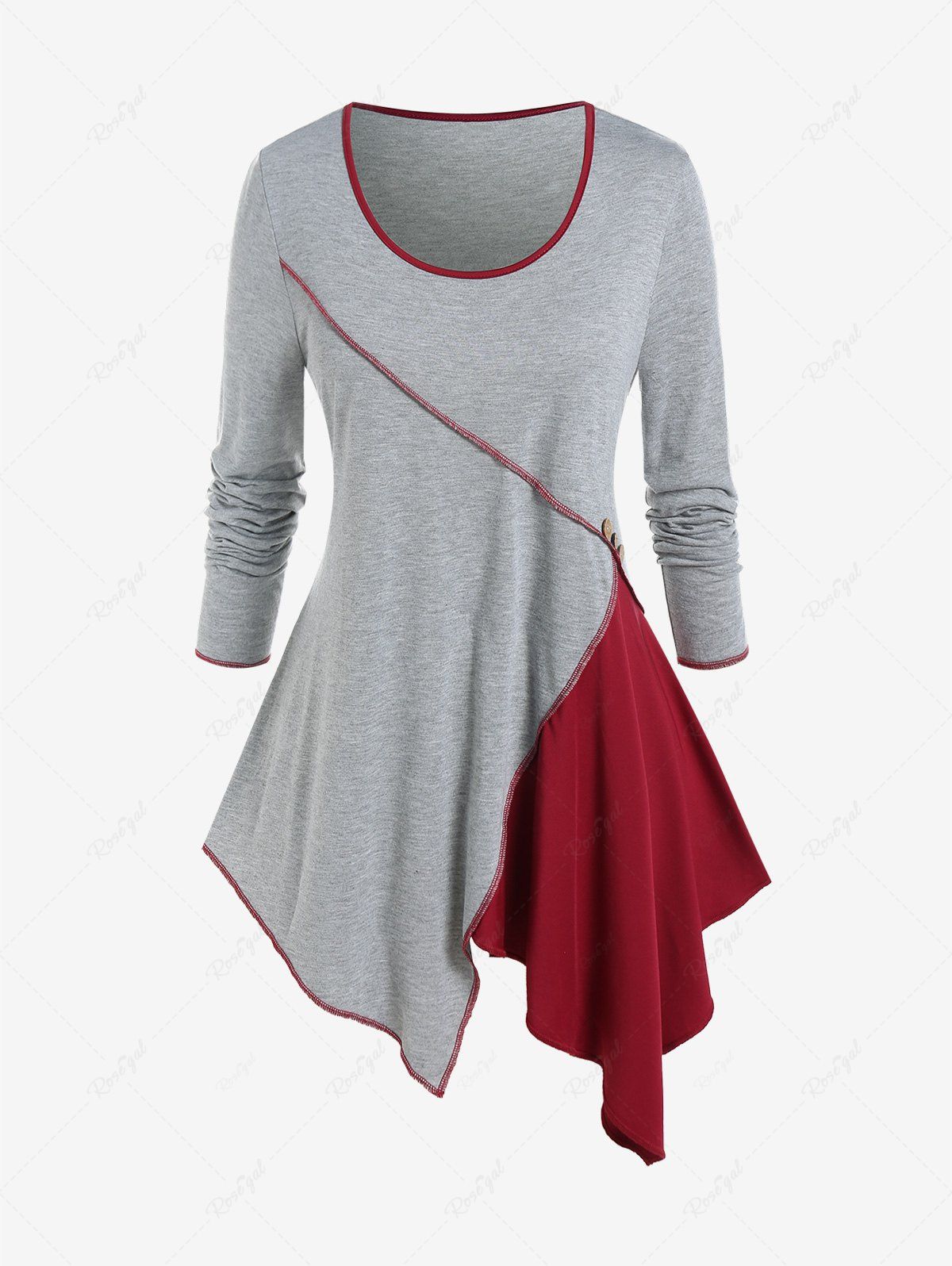 Outfit Plus Size Colorblock Contrast Piping Asymmetric Tee  