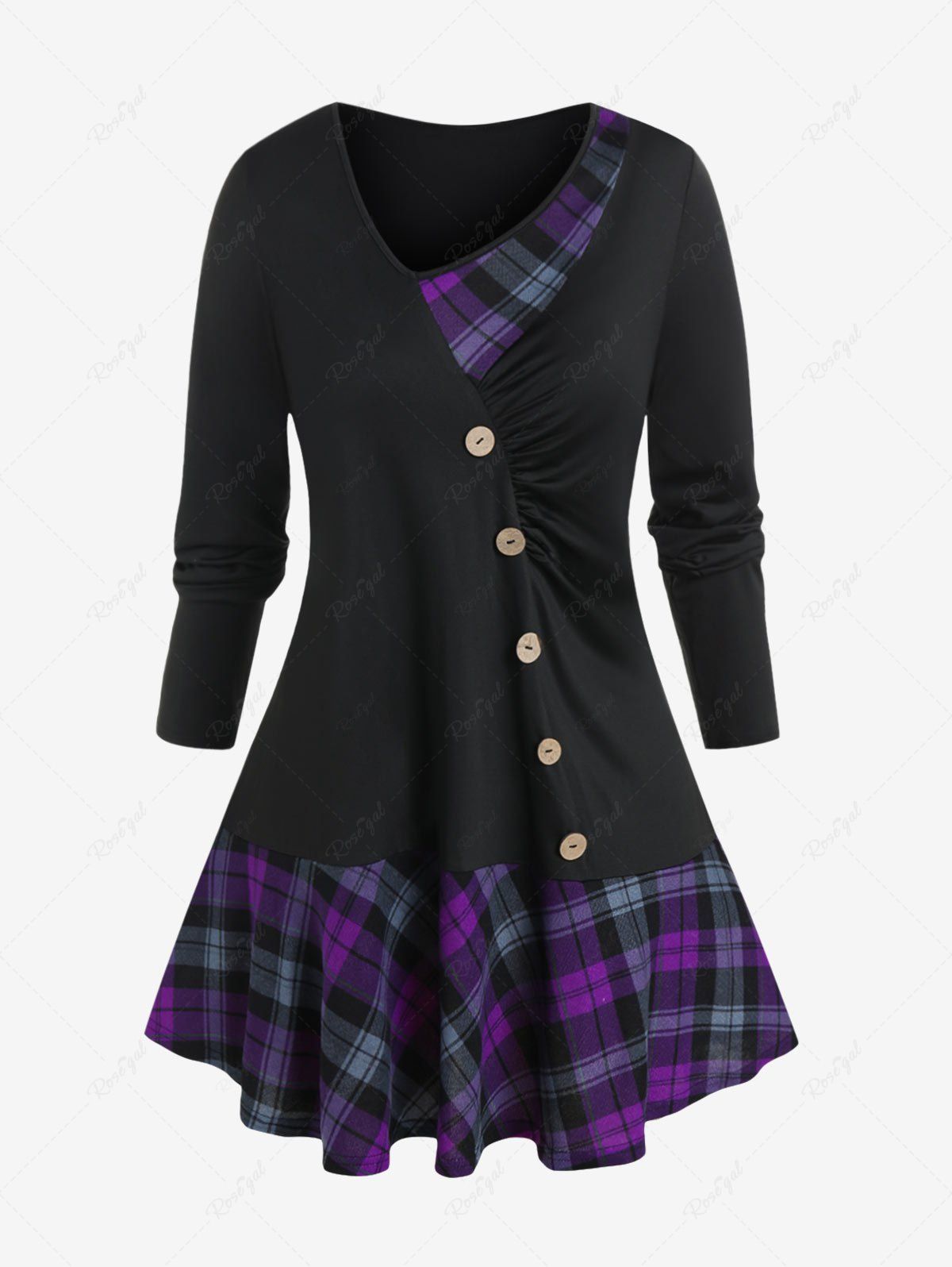 Best Plus Size Plaid Panel Ruched Long Sleeves T-shirt with Buttons  