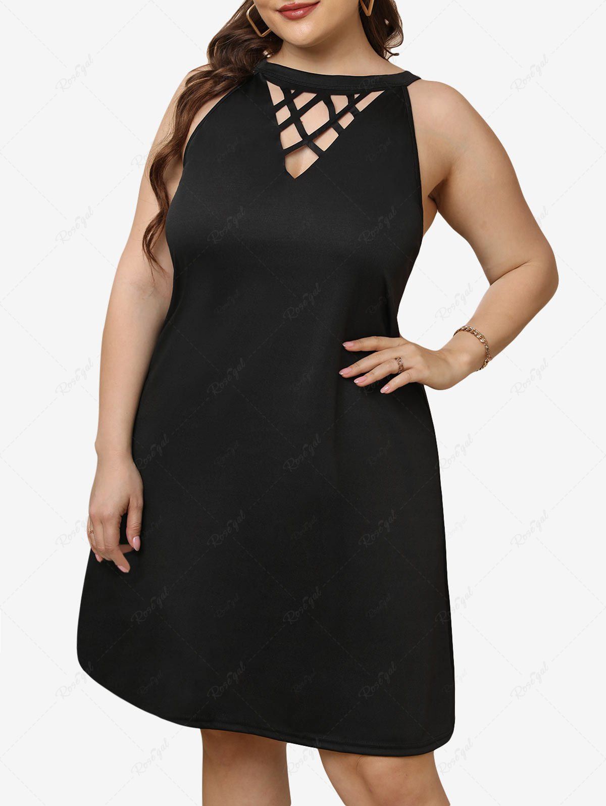 Outfits Plus Size Crisscross Hollow Out Solid A Line Sleeveless Dress  