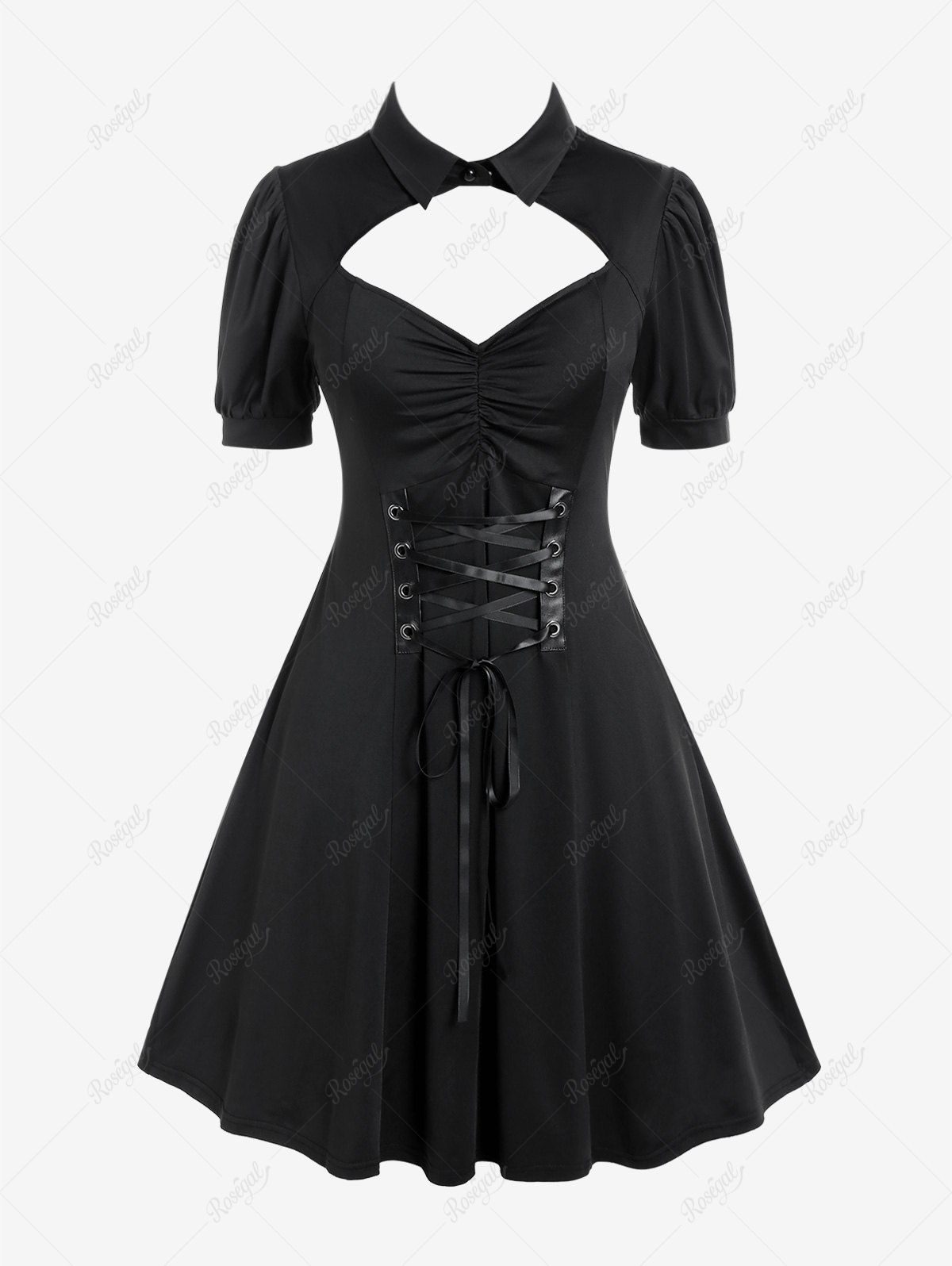 Buy Gothic Cutout Lace Up Ruched Shirted Collar A Line Dress  