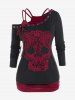 Gothic Skew Neck Skull Lace Tee and Tank Top Set and Gothic Skull Lace Print Skinny Leggings Outfit -  