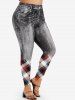Plus Size High Waist 3D Denim Print Plaid Skinny Jeggings -  