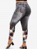 Plus Size High Waist 3D Denim Print Plaid Skinny Jeggings -  