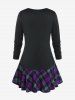 Plus Size Plaid Panel Ruched Long Sleeves T-shirt with Buttons -  