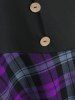 Plus Size Plaid Panel Ruched Long Sleeves T-shirt with Buttons -  