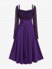 Plus Size Vintage Ruched Two Tone Mesh Sleeves A Line Midi Belt Dress -  