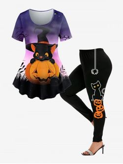 Halloween Pumpkin Mouse Print T-shirt and Halloween Pumpkin Cat Spiders Leggings - PURPLE