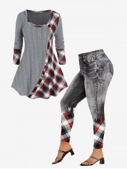 Plaid Mixed Media Cable Knit Tee and High Waist 3D Denim Print Plaid Jeggings Plus Size Matching Set - GRAY