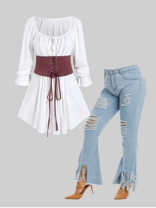 Plus Size Flare Sleeves Tee and Lace Up Corset Set and Ripped Flare Jeans Outfit