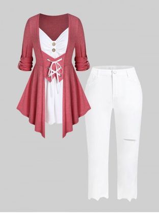 Plus Size Roll Up Sleeve Lace Up 2 in 1 Asymmetric Tee and Ripped Jeans Outfit