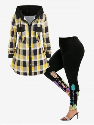 Hooded Double Pockets Plaid Shirt and Painting Flowers Printed Leggings Plus Size Outfit