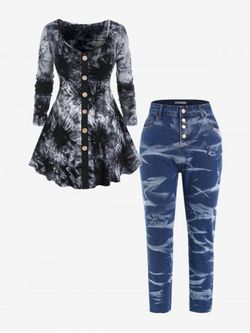Plus Size Mock Buttons Ruched Tie Dye Tee and Frayed Jeans - BLACK
