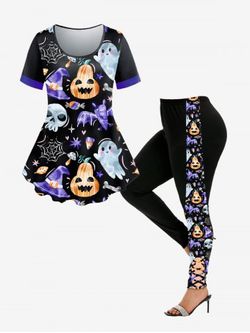 Halloween Pumpkin Ghost Bat Print T-shirt and High Waist Leggings Co Ord Outfit - BLACK