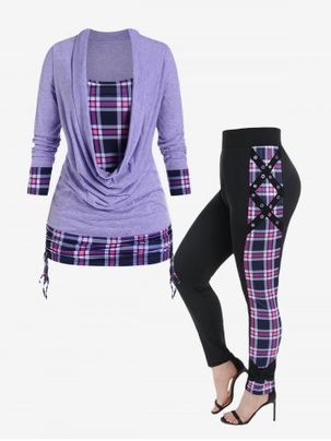 Plaid Draped Cowl Front Twofer Tee and Grommet Skinny Pants Plus Size Outfit