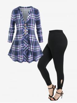 V Notch Plaid Tee and High Waist Cutout Twist Leggings Plus Size Outfit - BLACK