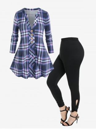 V Notch Plaid Tee and High Waist Cutout Twist Leggings Plus Size Outfit