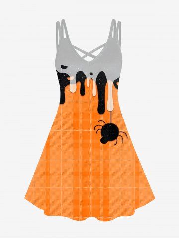 Halloween Crisscross Spider Print A Line Dress - ORANGE - 3X | US 22-24