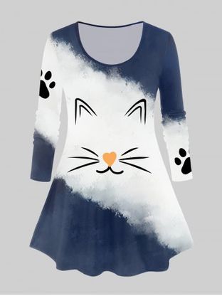 Plus Size Cat Printed Colorblock Long Sleeves T-shirt