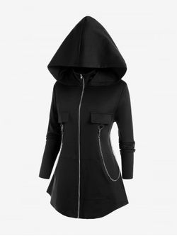 Gothic Zipper Fly Chains Flap Pocket Solid Hooded Coat - BLACK - M | US 10