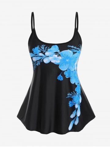 Plus Size Floral Print Padded Swim Tankini Top - BLACK - 3X