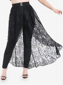 Plus Size High Rise Solid Pants with High Low Lace Overlay - BLACK - 4X | US 26-28