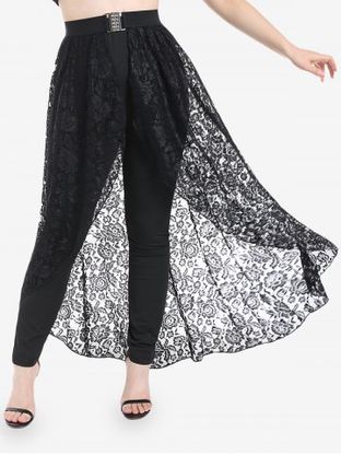 Plus Size High Rise Solid Pants with High Low Lace Overlay