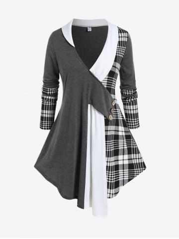 Plus Size Colorblock Houndstooth Plunging Asymmetric Long Sleeves Tee