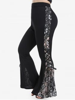 Plus Size High Waisted Lace Insert Bell Bottom Pants - BLACK - 1X | US 14-16