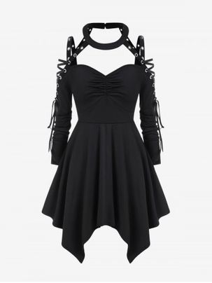 Gothic Choker Lace Up Cutout Handkerchief Dress