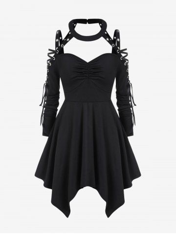 Gothic Choker Lace Up Cutout Handkerchief Dress - BLACK - 1X | US 14-16
