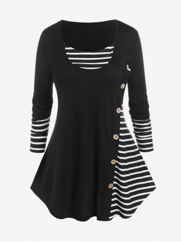 Plus Size Long Sleeve Mock Buttons Striped T-shirt