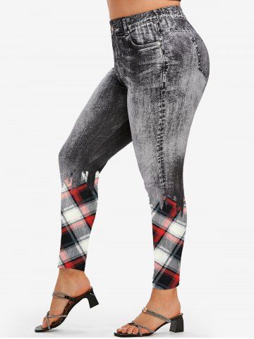 Plaid Mixed Media Cable Knit Tee and High Waist 3D Denim Print Plaid Jeggings Plus Size Matching Set