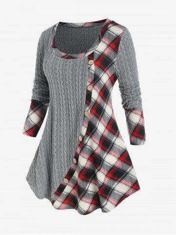 Plaid Mixed Media Cable Knit Tee and High Waist 3D Denim Print Plaid Jeggings Plus Size Matching Set