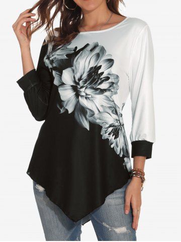 Camiseta Asimétrica con Estampado Floral de Color Bloque - BLACK - 4XL