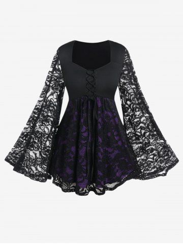 Witch Halloween Costume Lace Flare Sleeves Lace-up Two Tone T-shirt