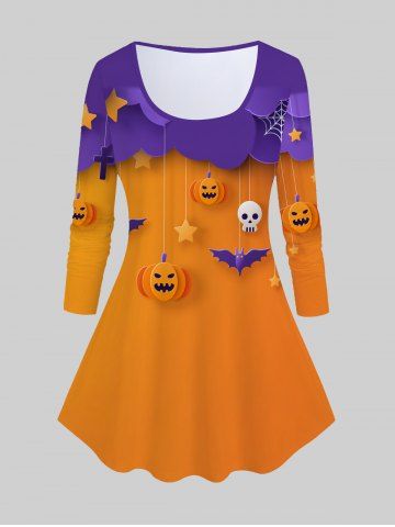 Halloween Long Sleeve Pumpkin Bat Print T-shirt - ORANGE - 5X | US 30-32