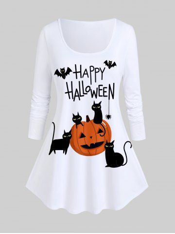 Halloween Cat Bats Pumpkin Letters Printed Long Sleeves Tee - WHITE - M | US 10