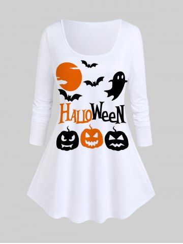 Halloween Pumpkin Ghost Print Graphic Tee - WHITE - 5X | US 30-32